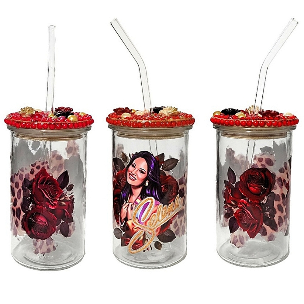 Selena Roses Glass Tumbler Iced Coffee Cup 16oz Red Design